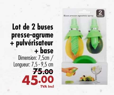 Lot de 2 buses presse-agrumes + pulvérisateur + base