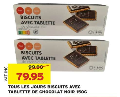 TOUS LES JOURS BISCUITS AVEC TABLETTE DE CHOCOLAT NOIR 150G