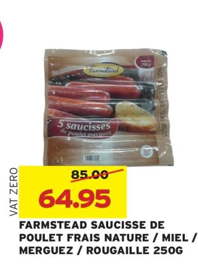FARMSTEAD SAUCISSE DE POULET FRAIS NATURE / MIEL / MERGUEZ / ROUGAILLE 250G