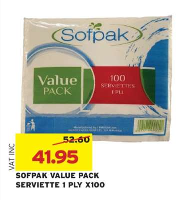 SOFPAK VALUE PACK SERVIETTE 1 PLY X100