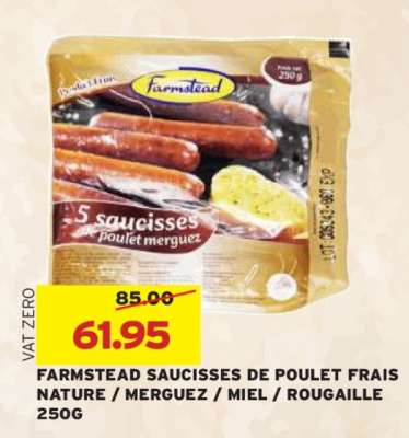 FARMSTEAD SAUCISSES DE POULET FRAIS NATURE / MERGUEZ / MIEL / ROUGAILLE 250G