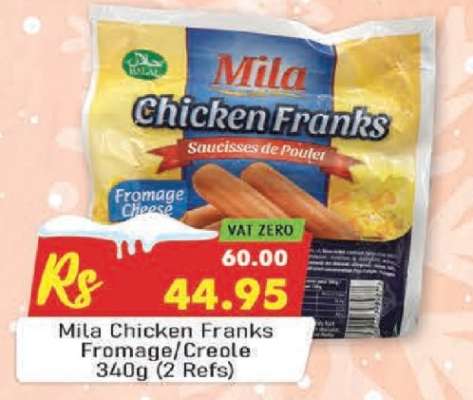 Mila Chicken Franks Fromage/Creole 340g (2 Refs)