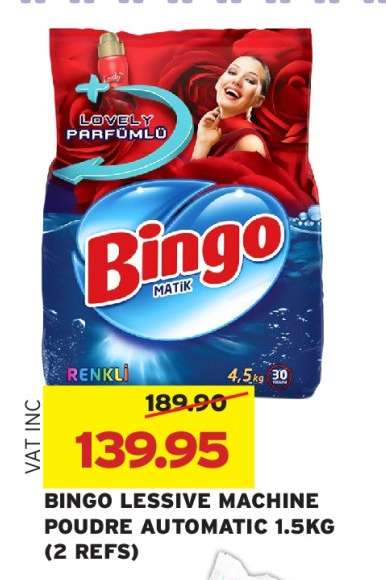 BINGO LESSIVE MACHINE POUDRE AUTOMATIC 1.5KG (2 REFS)