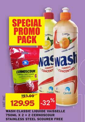 WASH CLASSIC LIQUIDE VAISSELLE 750ML X 2 + 2 CERNOSCOUR STAINLESS STEEL SCOURER FREE
