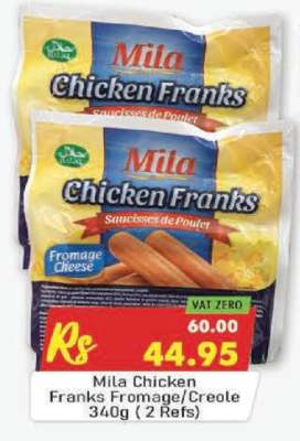 Mila Chicken Franks Fromage/Creole 340g (2 Refs)