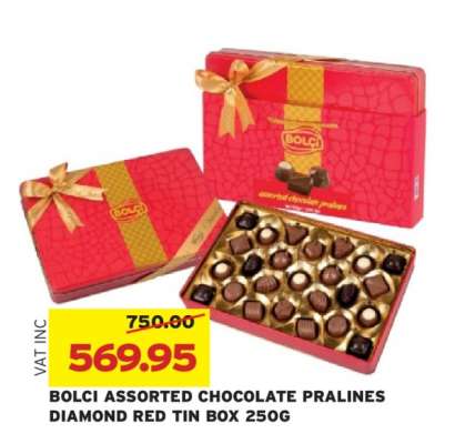BOLCI ASSORTED CHOCOLATE PRALINES DIAMOND RED TIN BOX 250G