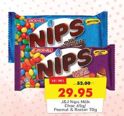 J&J Nips Milk Choc 65g/Peanut & Raisin 70g
