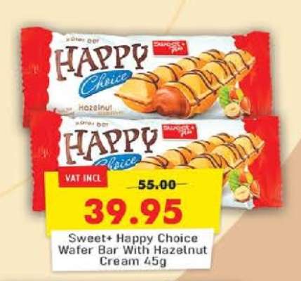 Sweet+ Happy Choice Wafer Bar With Hazelnut Cream 45g