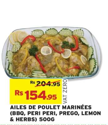 AILES DE POULET MARINÉES (BBQ, PERI PERI, PREGO, LEMON & HERBS) 500G